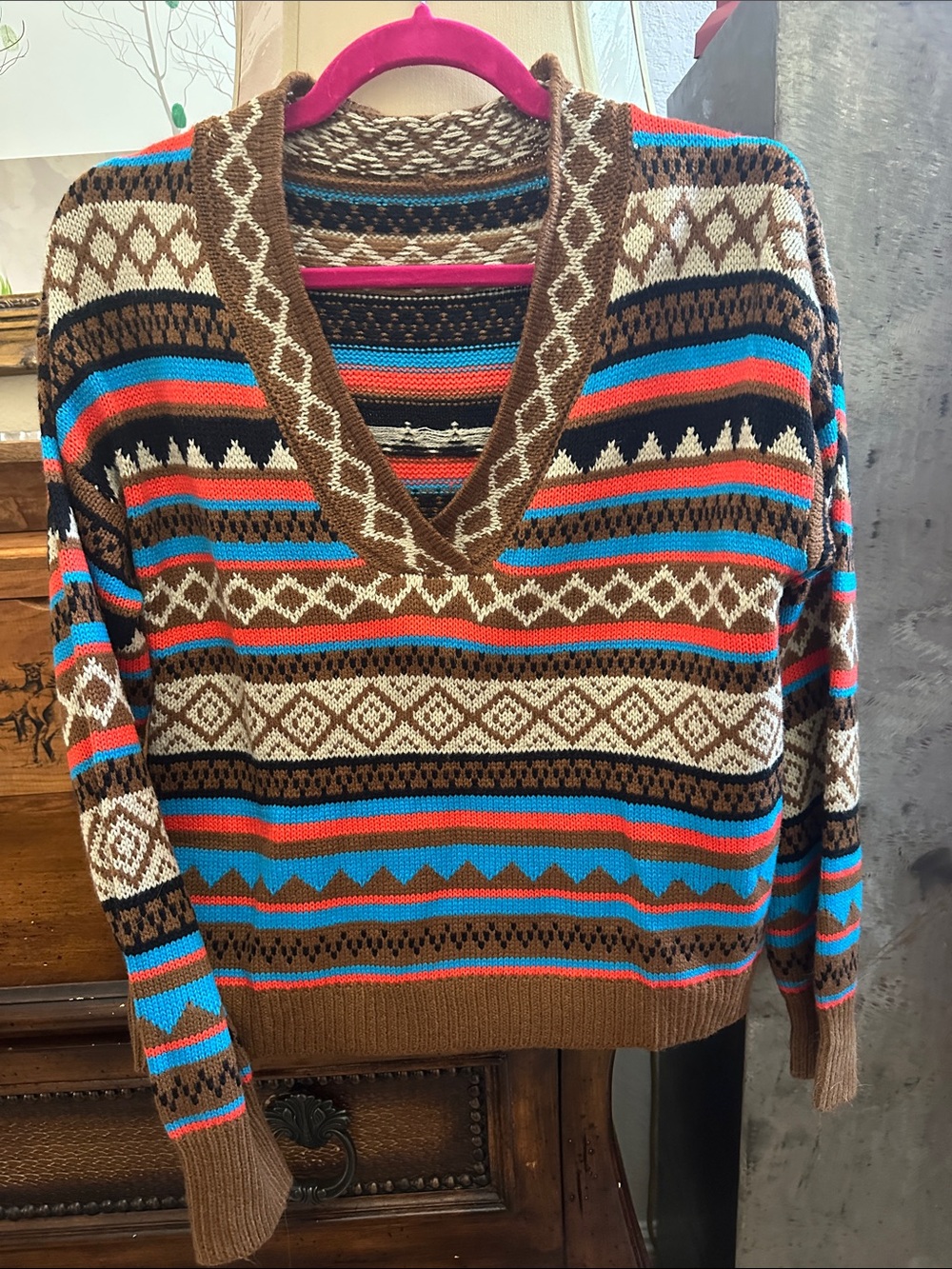 SHEIN Brown Fair Isle V-Neck Sweater with Turquoise & Red Stripes